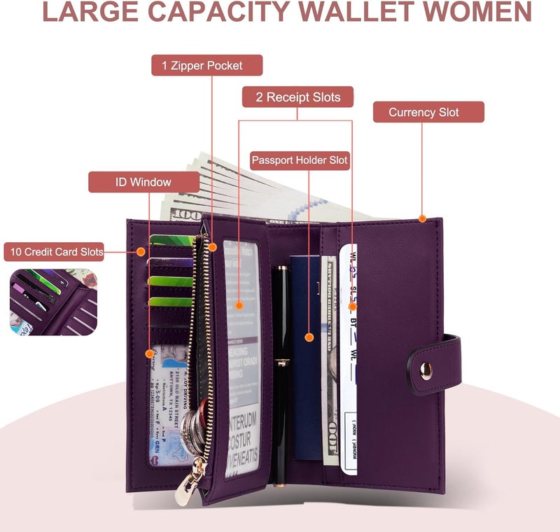 yiijay Womens Wallet RFID Blocking Vegan Leather Trifold Clutch Credit Card Holder Ladies Travel Wallet Purse with Pen Holder - Image 2